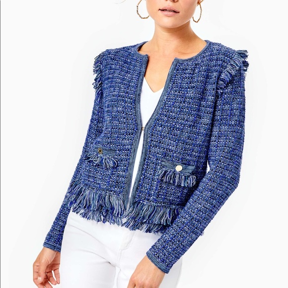 Simora Fringe Cardigan M - Oyster Bay Navy Exotic Tweed. NWOT new without tag - Picture 2 of 6